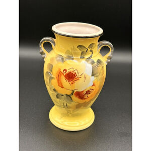 Antique Gold Castle Chikusa Hand Painted Floral Vase Double Handle 5" Japan EUC